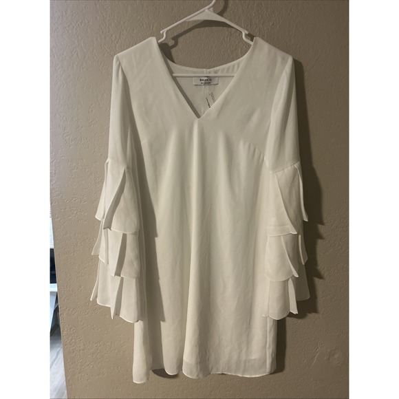 Bailey 44 Dresses & Skirts - Bailey 44 White V-neck Mini Dress Tiered and Pleated Flare Sleeves Size Small